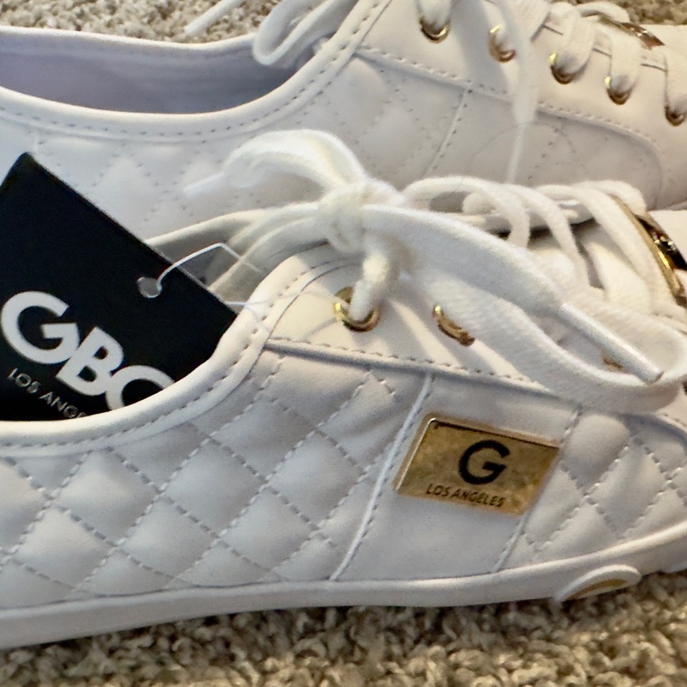 GBG Los Angeles White Quilted Sneakers with Gold Accents
